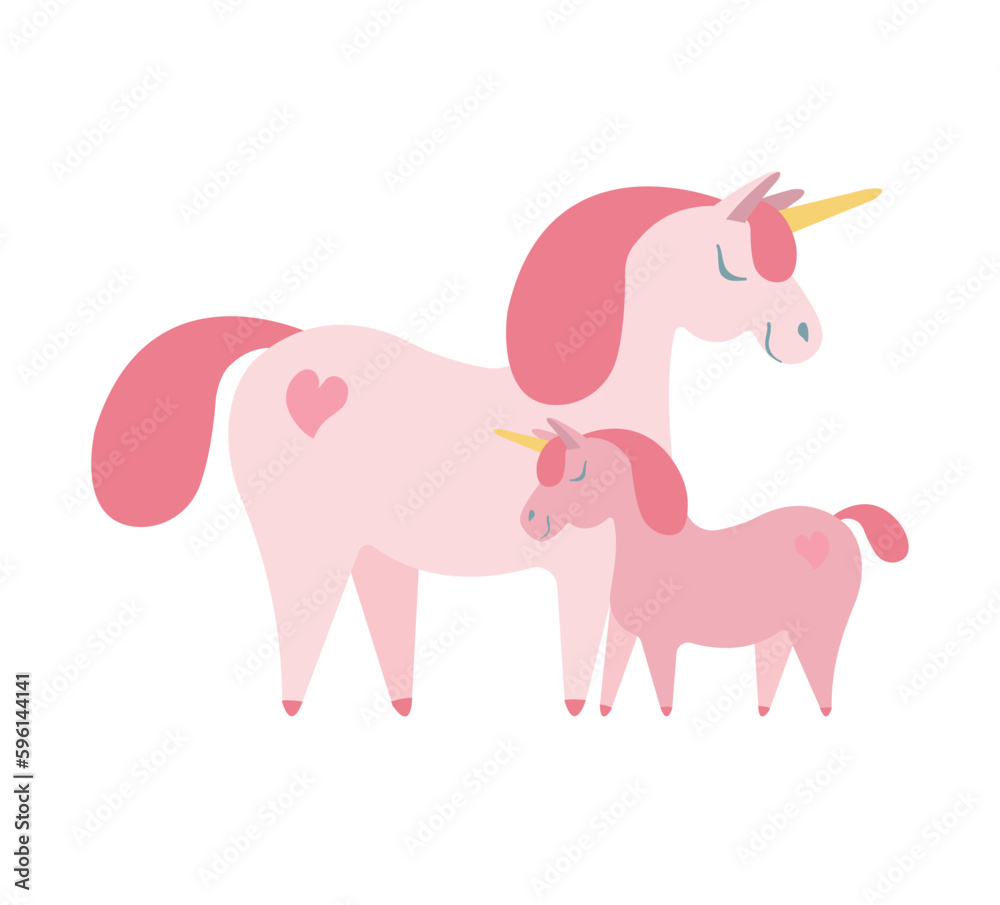 Vector flat hand drawn unicorn with kid isolated on white background Vector flat hand drawn unicorn with kid isolated on white background