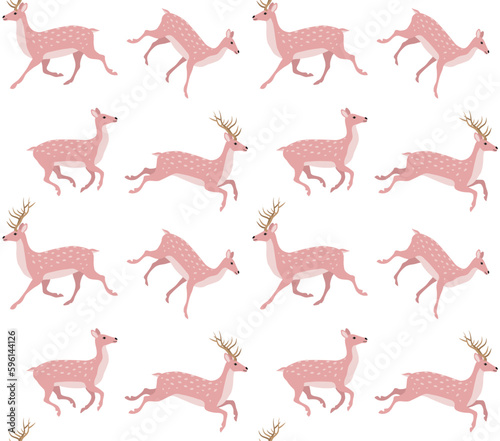 Fototapeta Naklejka Na Ścianę i Meble -  Vector seamless pattern of flat hand drawn pink deer isolated on white background