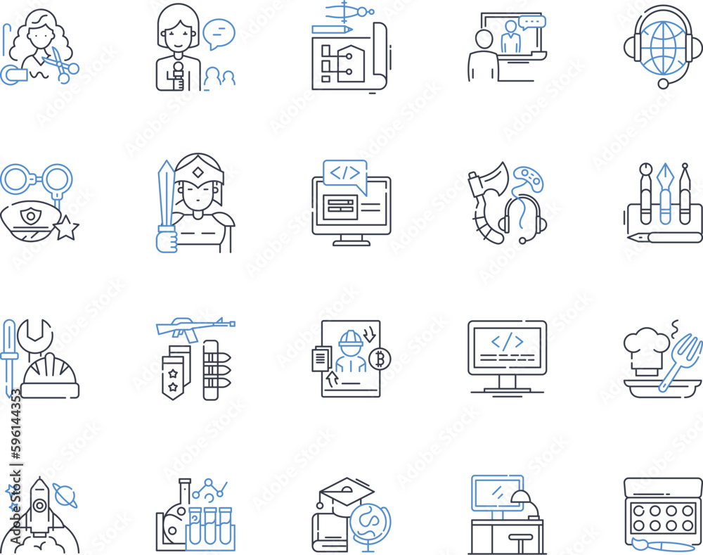 Digital Nomad line icons collection. Freedom, Travel, Flexibility, Location independence, Adventure, Laptop lifestyle, Remote work vector and linear illustration. Entrepreneurship,Virtual teams
