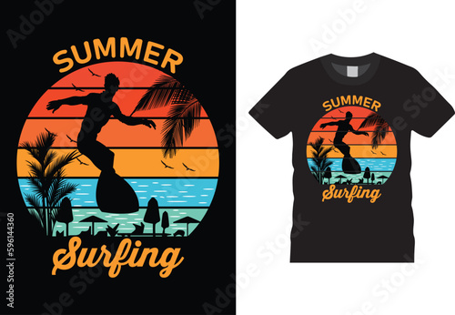 Summer Surfing T Shirt Design Vector Template. mountain, adventure, retro, vector, shirt, typography, Grunge, vintage, outdoor, camp, explore, eye catching T Shirt Ready for Print.  
