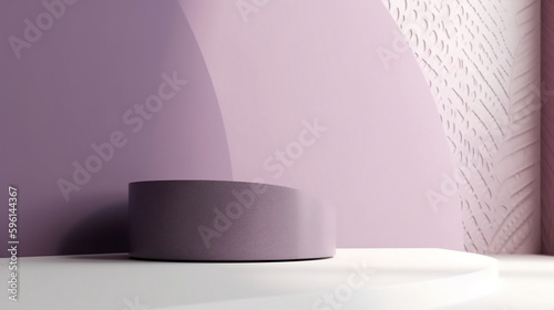 Blank purple cement curve counter podium with texture  soft beautiful dappled sunlight  leaf shadow on white wall for luxury organic cosmetic  skincare  beauty treatment product background 3D