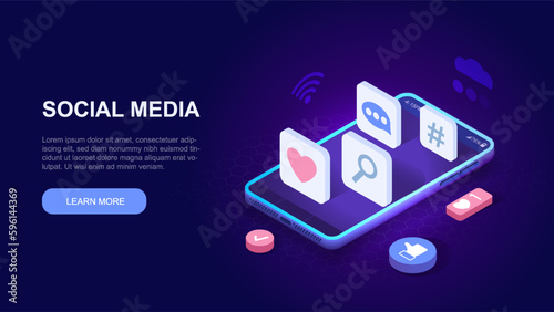 Social media concept. Reactions, likes and emoji in instant messengers and social networks. Communication and interaction on Internet. Smartphone with icons. Cartoon isometric vector illustration