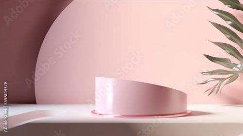Blank pink cement curve counter podium with texture, soft beautiful dappled sunlight, leaf shadow on white wall for luxury organic cosmetic, skincare, beauty treatment product background 3D © WLTHYSUSHI