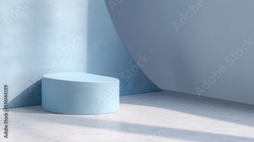 Blank powder blue cement curve counter podium with texture  soft beautiful dappled sunlight  leaf shadow on white wall for luxury organic cosmetic  skincare  beauty treatment product background 3D
