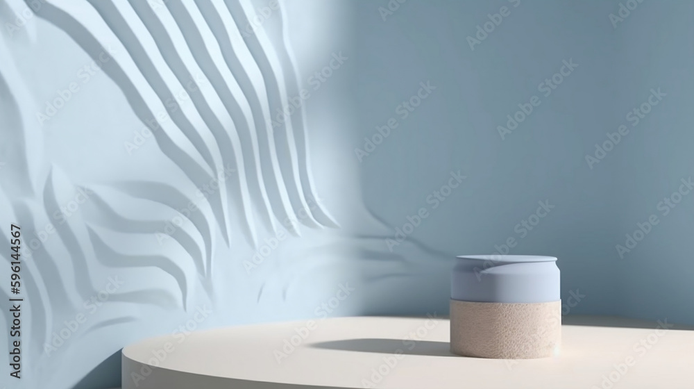 Blank powder blue cement curve counter podium with texture, soft beautiful dappled sunlight, leaf shadow on white wall for luxury organic cosmetic, skincare, beauty treatment product background 3D Blank powder blue cement curve counter podium with texture, soft beautiful dappled sunlight, leaf shadow on white wall for luxury organic cosmetic, skincare, beauty treatment product background 3D
