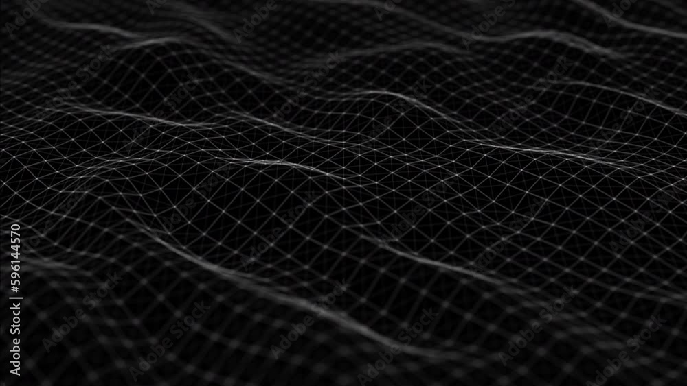 Flowing smooth Plexus terrain waves background. Grid, mesh of dots and lines. Big data connection. Seamless loop animation