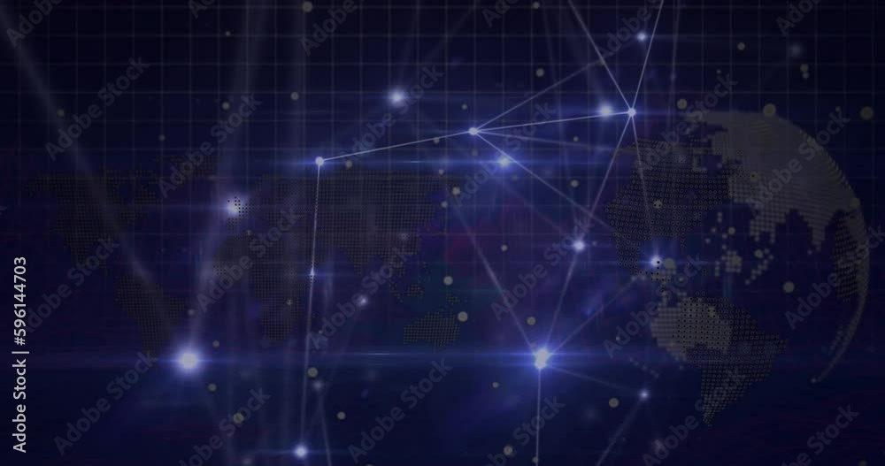 Animation of glowing network of connections and white spots over spinning globe and world map Animation of glowing network of connections and white spots over spinning globe and world map