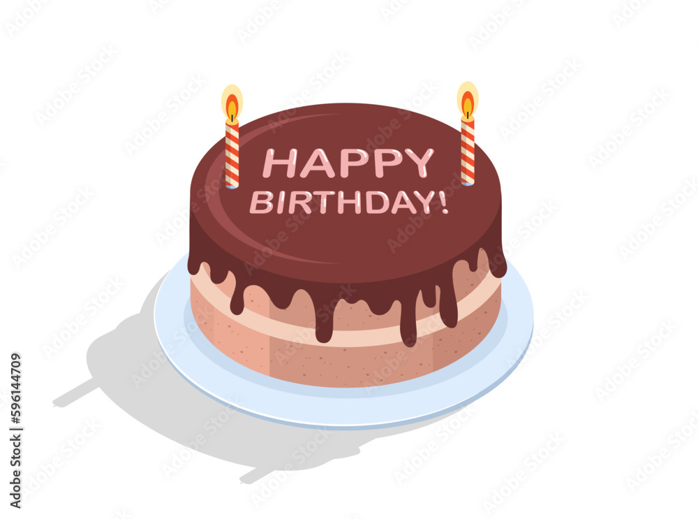 Chocolate cake happy birthday concept. Bakery or pastry with candles. Annual event, holiday and festival. Template, layout and mock up. Cartoon isometric vector illustration Chocolate cake happy birthday concept. Bakery or pastry with candles. Annual event, holiday and festival. Template, layout and mock up. Cartoon isometric vector illustration