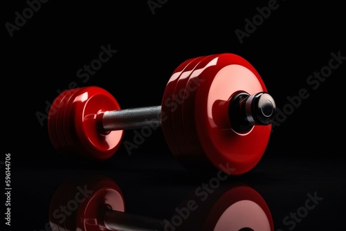 Isolated red shiny dumbbell with vinyl wrap and long shadow on white background. Generative AI