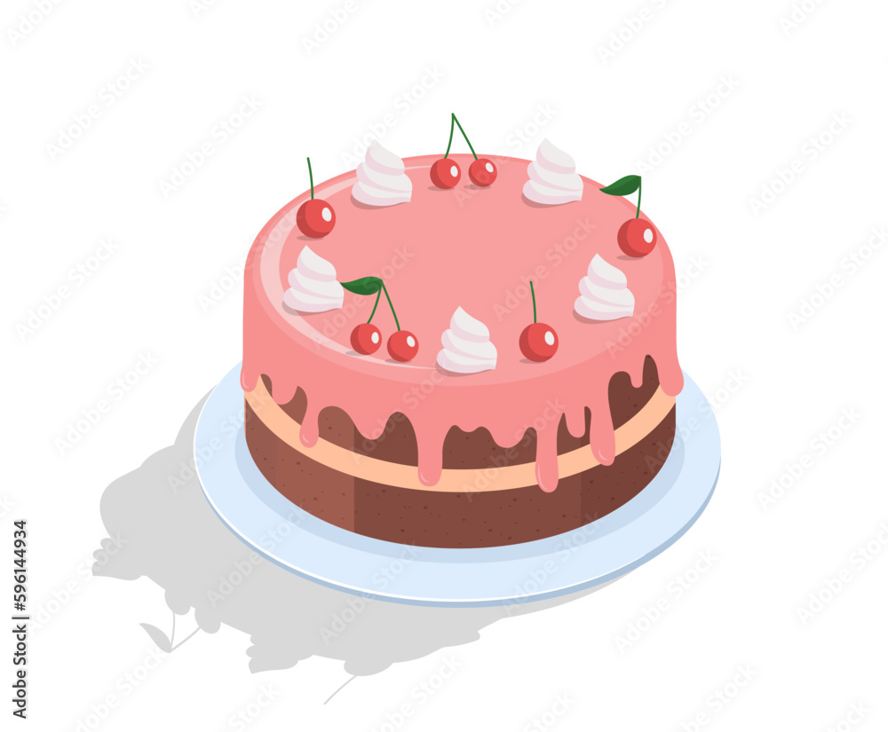 Cake in pink icing with cherry. Berries, sweets and whipped cream. Event, holiday and festival. Birthday or wedding. Template, layout and mock up. Cartoon isometric vector illustration Cake in pink icing with cherry. Berries, sweets and whipped cream. Event, holiday and festival. Birthday or wedding. Template, layout and mock up. Cartoon isometric vector illustration