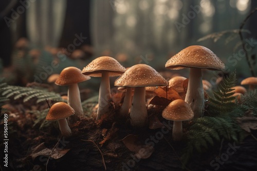 Close-up of forest mushrooms. Generative AI
