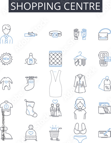Shopping centre line icons collection. Retail complex, Marketplace, Mall plaza, Trade center, Bazaar hub, Mercantile district, Commercial enclave vector and linear illustration. Pedestrian arcade