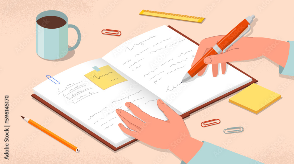 Personal diary concept. Woman writes goals in notebook, thoughts and memories with pen. Motivation and organization of work or educational process. Cartoon flat vector illustration Personal diary concept. Woman writes goals in notebook, thoughts and memories with pen. Motivation and organization of work or educational process. Cartoon flat vector illustration
