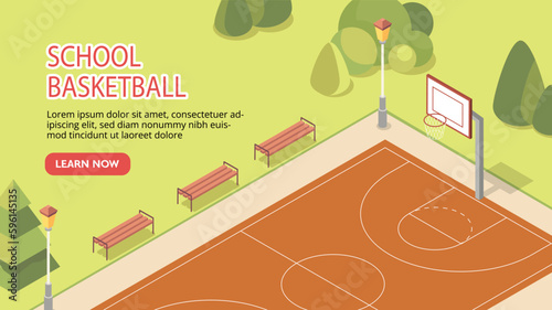 School basketball concept. Playground for sports with markings, ring. Design for landing page. Leisure, hobby and activity. Court for physical education. Cartoon isometric vector illustration