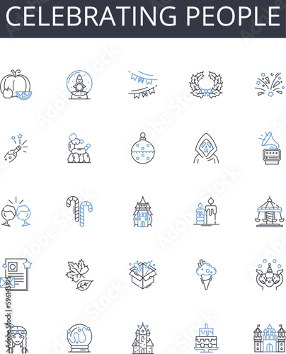 Celebrating people line icons collection. Applauding heroes, Honoring triumphs, Commending winners, Praising champions, Recognizing greatness, Hailing achievers, Felicitating stars vector and linear