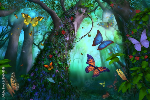 Fairytale forest landscape with many flying butterflies. Neural network AI generated art