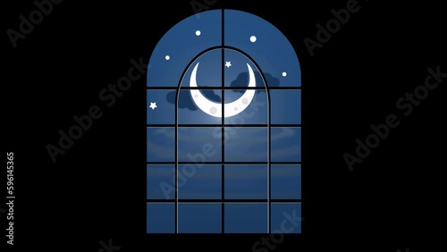 Moon through the window Ramadan Kareem islamic motion background. animation.