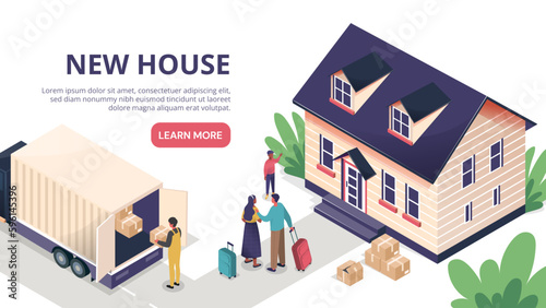 New house concept. Man and woman with things moving into new building. Transportation, owners and loaders. Truck with cardboard boxes. Family standing near home. Cartoon isometric vector illustration photo