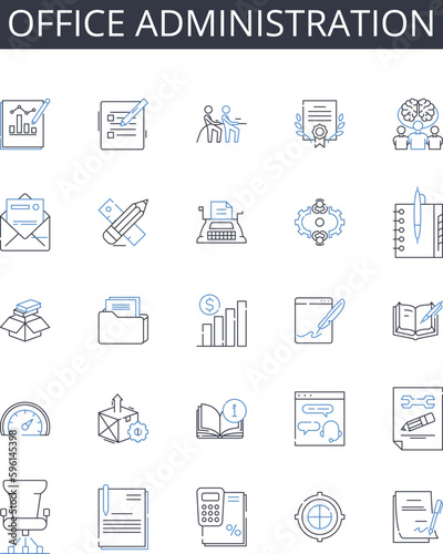 Office administration line icons collection. Business management, Marketing strategy, Human resources, Customer service, Financial accounting, Advertising campaign, Supply chain vector and linear