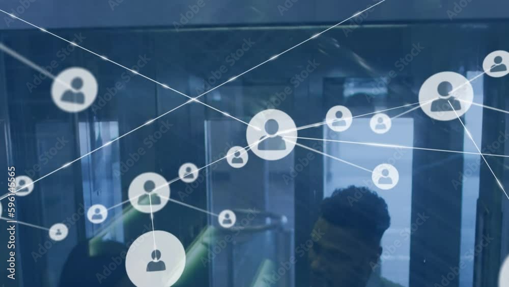 Animation of network of connections with icons over diverse business people in office