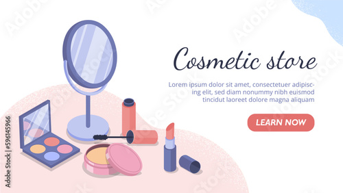 Isometric cosmetic banner. Powder, foundation, mascara and eyebrows and lipstick near mirror. Beauty, aesthetics and elegance, makeup. Landing page design. Cartoon vector illustration