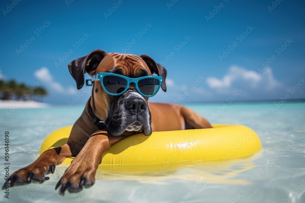 Boxer Break: A Playful Dog Enjoying The Sun and Sea on a Vibrant Beach Float - Generative AI