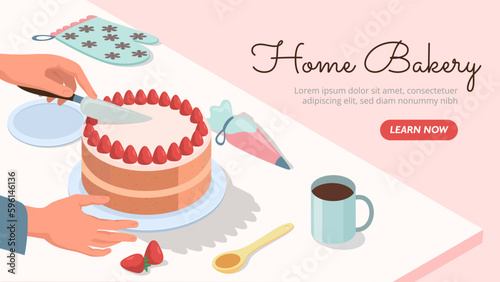 Home bakery concept. Woman cuts cake with knife. Hot drink, tea or coffee with dessert and delicacy. Flour and sweet homemade products. Confectioner at Work. Cartoon flat vector illustration
