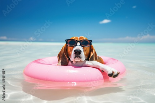 Beachy Beagle: A Playful Dog Wearing Sunglasses Relaxing on a Colorful Float - Generative AI