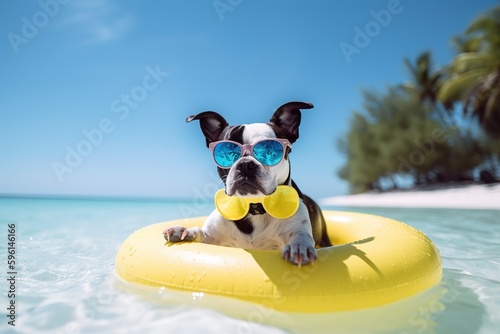 Paradise Pup: A Festive Image of a Boston Terrier Relaxing in Style at The Beach - Generative AI