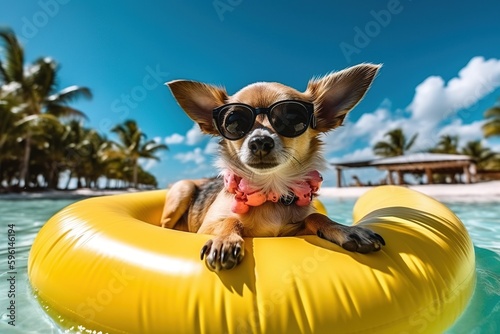 Chihuahua Chillax: A Fun Stock Photo of a Dog in Sunglasses on a Beach Float - Generative AI © Wanlop