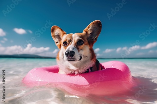 Beach Bum Corgi: A Whimsical Image of a Pup in Shades Relaxing on a Colorful Float - Generative AI