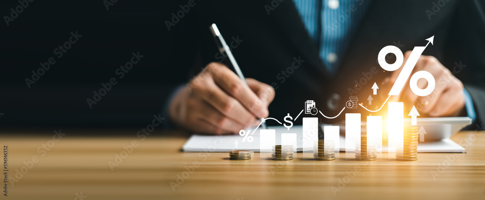 interest rates and dividends, investment returns, income, retirement Compensation fund, investment, dividend tax. pile of coins and upward direction percentage symbol. saving money for investment - obrazy, fototapety, plakaty 