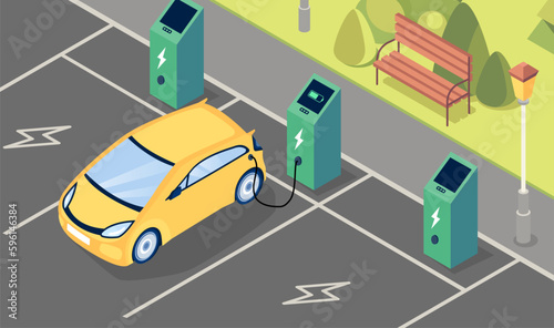 Electric car charge. Yellow transport at gas station. Caring for environment and reducing emission of harmful substances into atmosphere. Ev charging station. Cartoon flat vector illustration