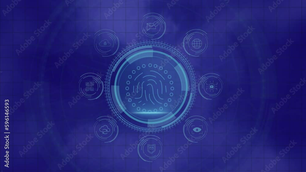 Animation of scopes scanning with biometric lines and data processing over purple background