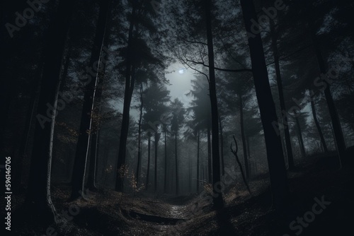 A dark night with tall trees and a mysterious atmosphere. Generative AI