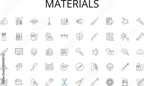 Materials line icons collection. Hammer, Wrench, Screwdriver, Pliers, Saw, Drill, Tape vector and linear illustration. Level,Chisel,File outline signs set