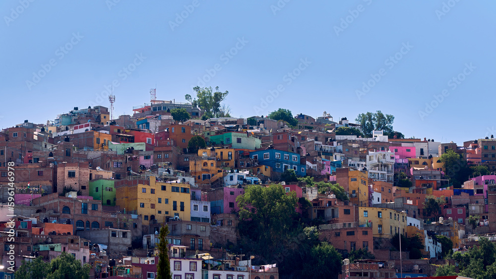 Colorful hillside houses and balconies in the upper part of Guanajuato.