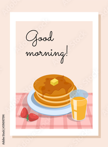 Breakfast pancake with juice. Dessert and delicacy with butter and strawberries with glass of orange drink. Tasty and fresh food. Morning traditional products. Cartoon flat vector illustration