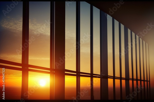 Golden sunset view window from office building with cityscape. Flawless Generative AI