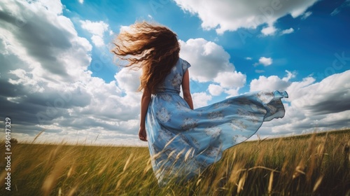 woman in a dress with hair blowing in the wind