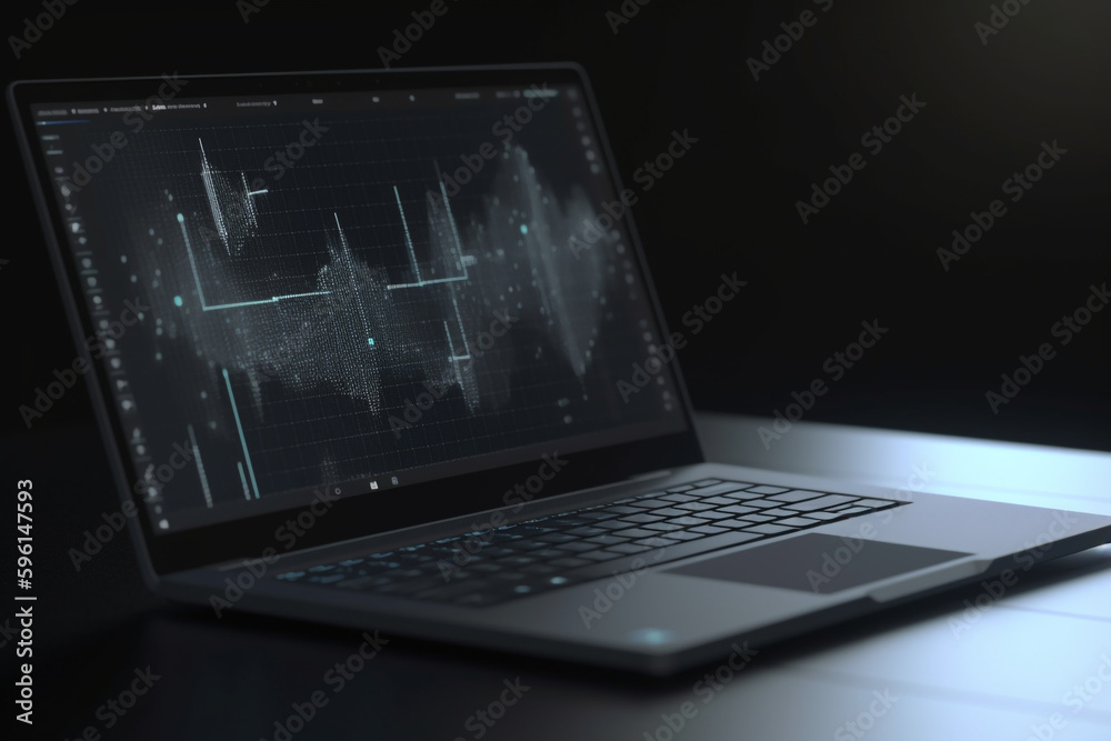 Analyzing business data on a laptop black background, Generative AI Analyzing business data on a laptop black background, Generative AI