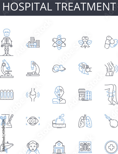 Hospital treatment line icons collection. Medical care, Doctor visit, Surgical operation, Health service, Clinical procedure, Patient therapy, Healthcare management vector and linear illustration