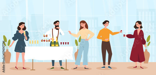 Mass event banquet concept. Man and woman standing near table with alcoholic drinks in glass glasses and food. Party and festival. People drinknig wine or champagne. Cartoon flat vector illustration