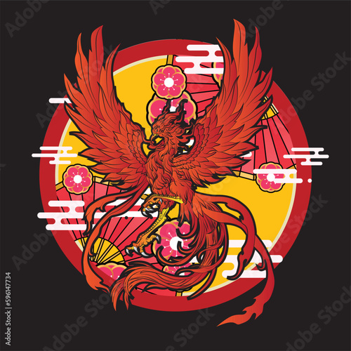 phoenix illustration with japanese style background