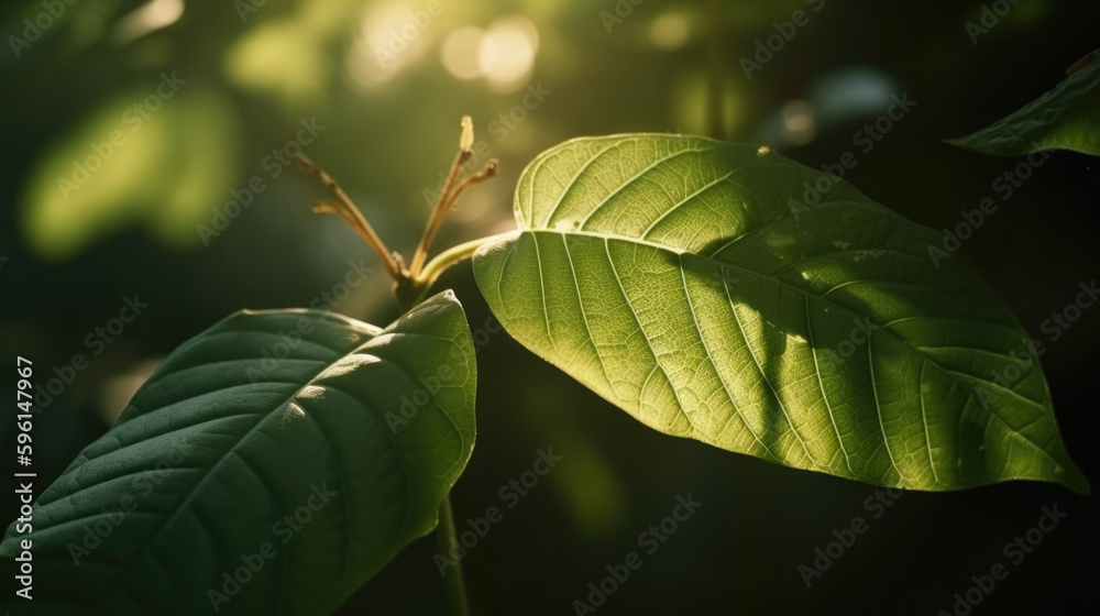 closeup of green leaves of a plant in summer. sunbeams shine through. Generative AI closeup of green leaves of a plant in summer. sunbeams shine through. Generative AI