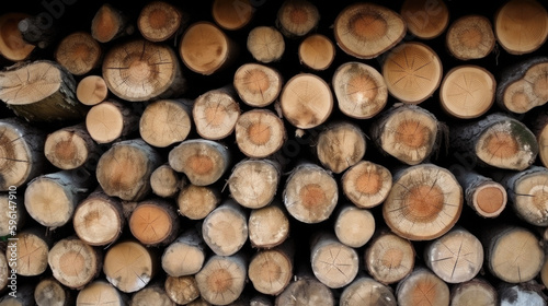 Sawn-off logs are stacked on top of each other. wood industry Generative AI