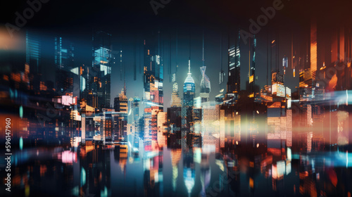 blurred big city with skyscrapers and brightly colored business buildings. Generative AI