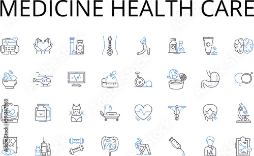 Medicine health care line icons collection. Healthcare, Pharmaceuticals, Nursing, Physicians, Surgery, Therapy, Pharmaceuticals vector and linear illustration. Psychiatry,Dentistry,Rehabilitation