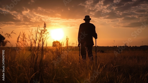 a silhouette of an old man with crutches in a field at sunset. Generative AI © jr-art