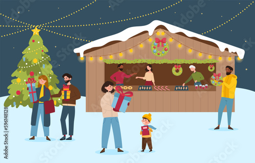 Christmas market concept. Men and women with children buy gifts and surprises, sweets. Characters buying decorations for apartment. Winter holidays and New Year. Cartoon flat vector illustration